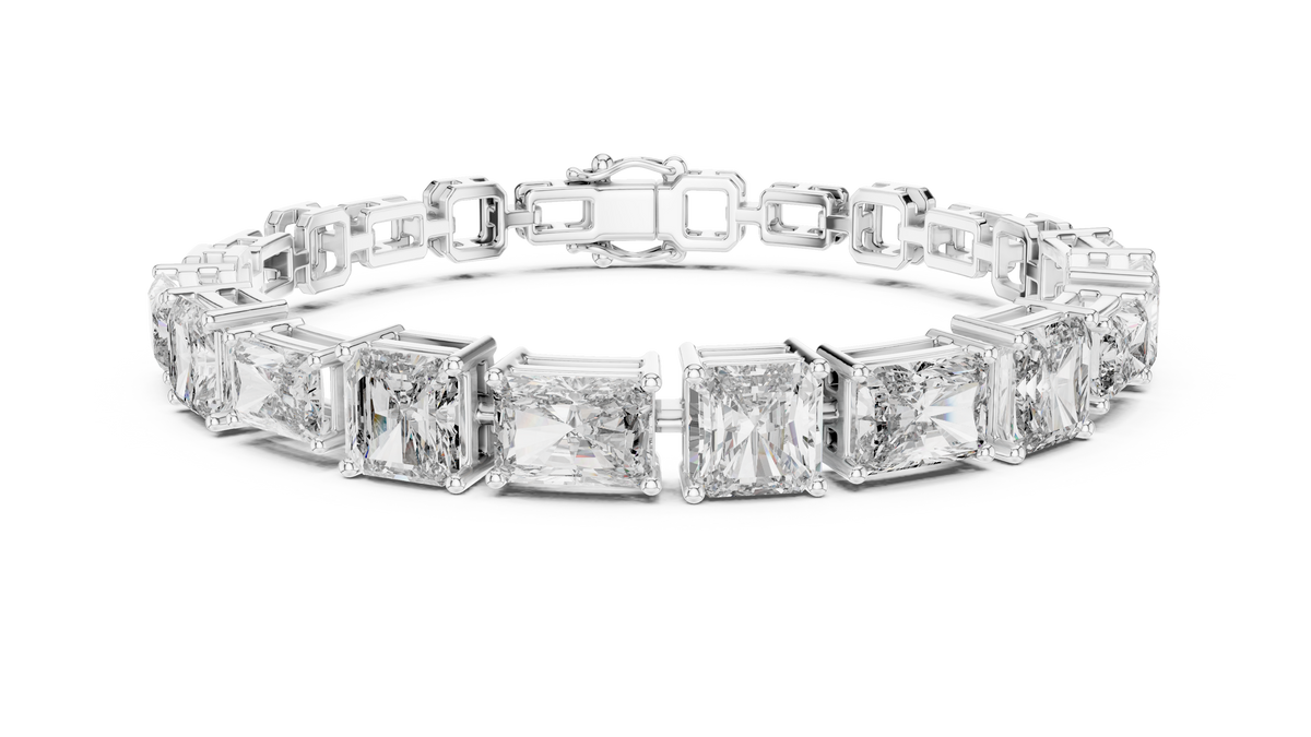 White gold 13.44 ct radiant and asscher cut lab grown diamond station bracelet, front view