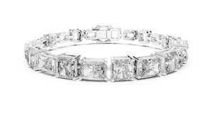 White gold 13.44 ct radiant and asscher cut lab grown diamond station bracelet, front view