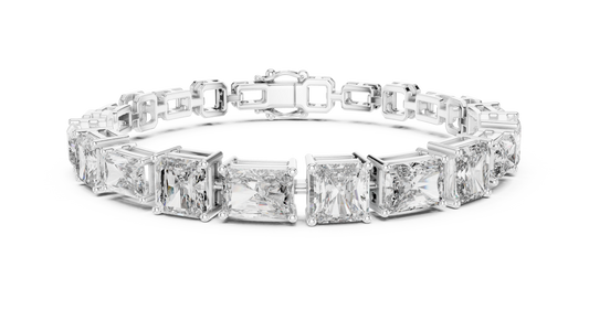 White gold 13.44 ct radiant and asscher cut lab grown diamond station bracelet, front view
