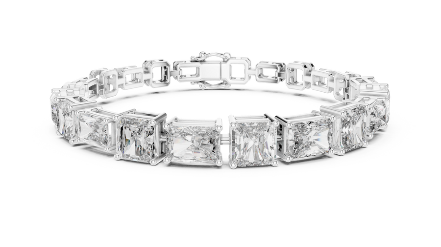 White gold 13.44 ct radiant and asscher cut lab grown diamond station bracelet, front view