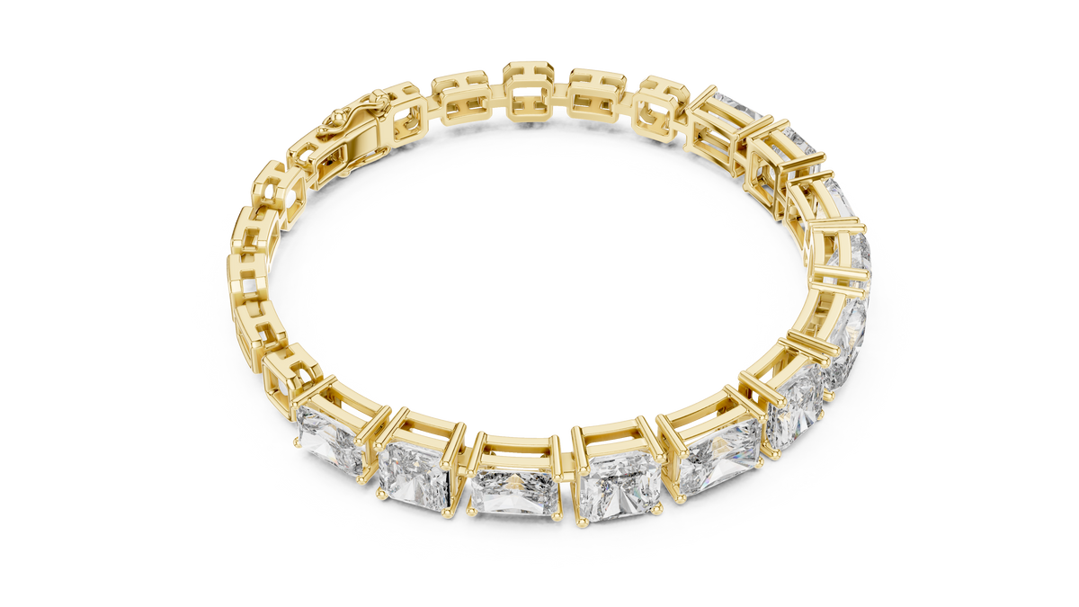 Yellow gold radiant and asscher cut lab grown diamond station bracelet, side view