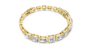 Yellow gold radiant and asscher cut lab grown diamond station bracelet, side view
