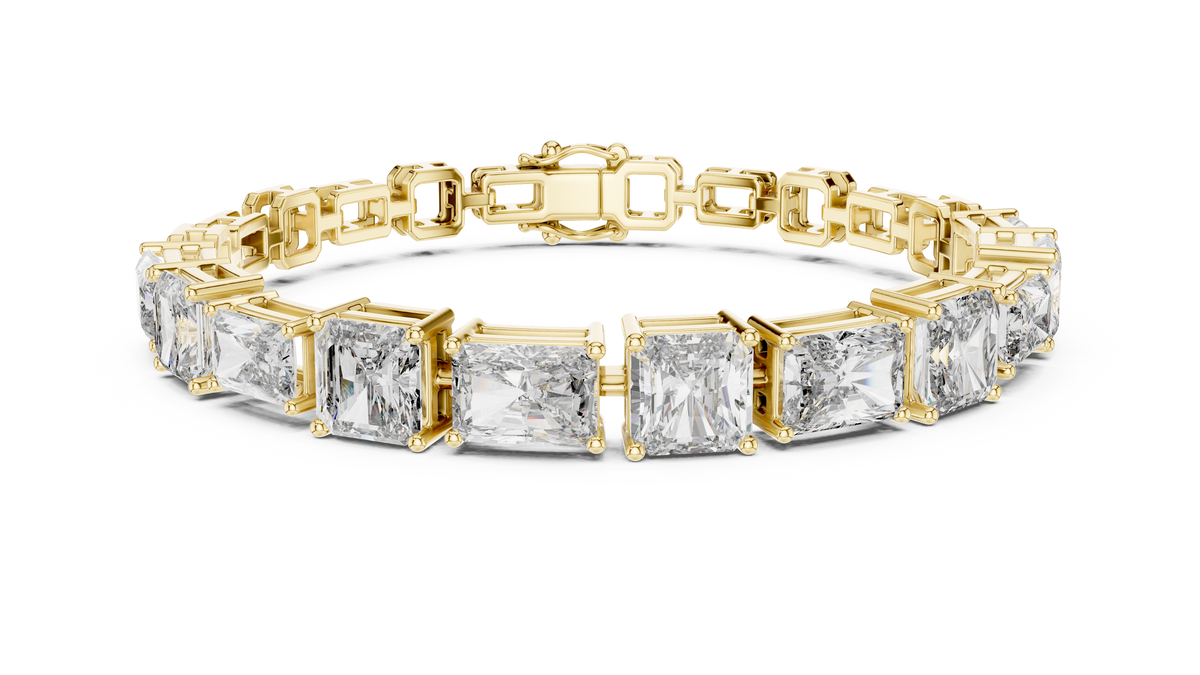 Yellow gold 13.44 ct radiant and asscher cut lab grown diamond station bracelet, front view