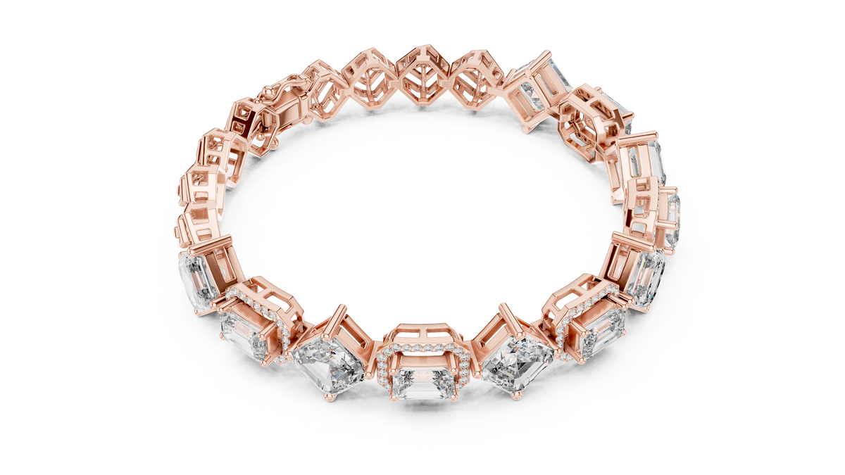 Rose gold art deco kite set asscher and emerald lab grown diamond bracelet, side view