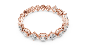 Rose gold art deco kite set asscher and emerald lab grown diamond bracelet, side view