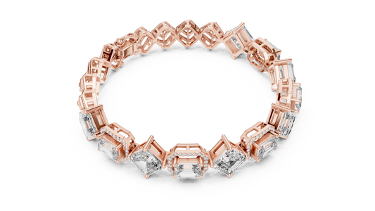 Rose gold art deco kite set asscher and emerald lab grown diamond bracelet, side view