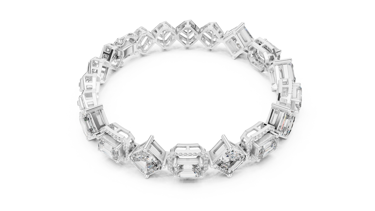 White gold art deco kite set asscher and emerald lab grown diamond bracelet, side view