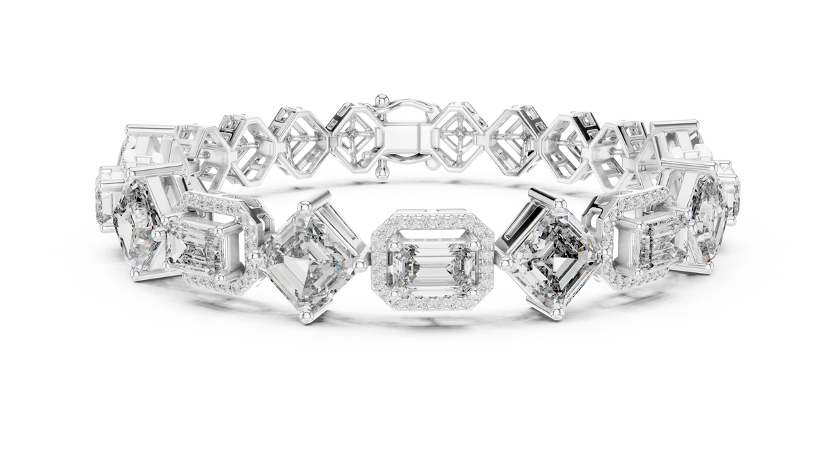White gold 12.04 ct art deco kite set lab grown diamond bracelet, front view