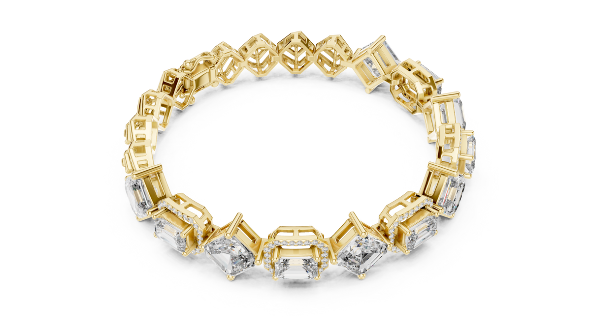 Yellow gold art deco kite set asscher and emerald lab grown diamond bracelet, side view