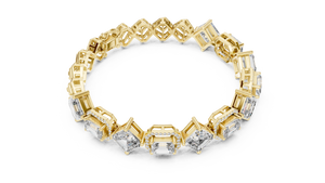 Yellow gold art deco kite set asscher and emerald lab grown diamond bracelet, side view