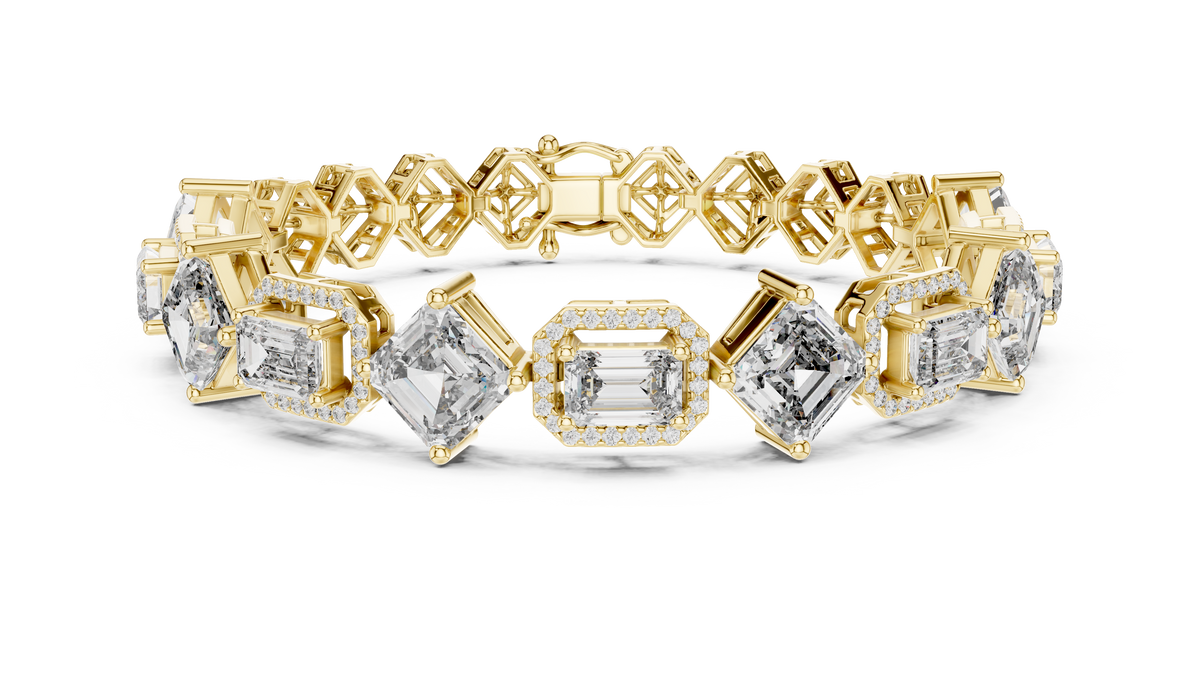 Yellow gold 12.04 ct art deco kite set lab grown diamond bracelet, front view
