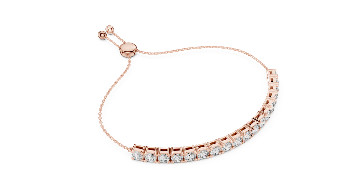 Rose gold adjustable lab grown diamond tennis bolo bracelet, side view