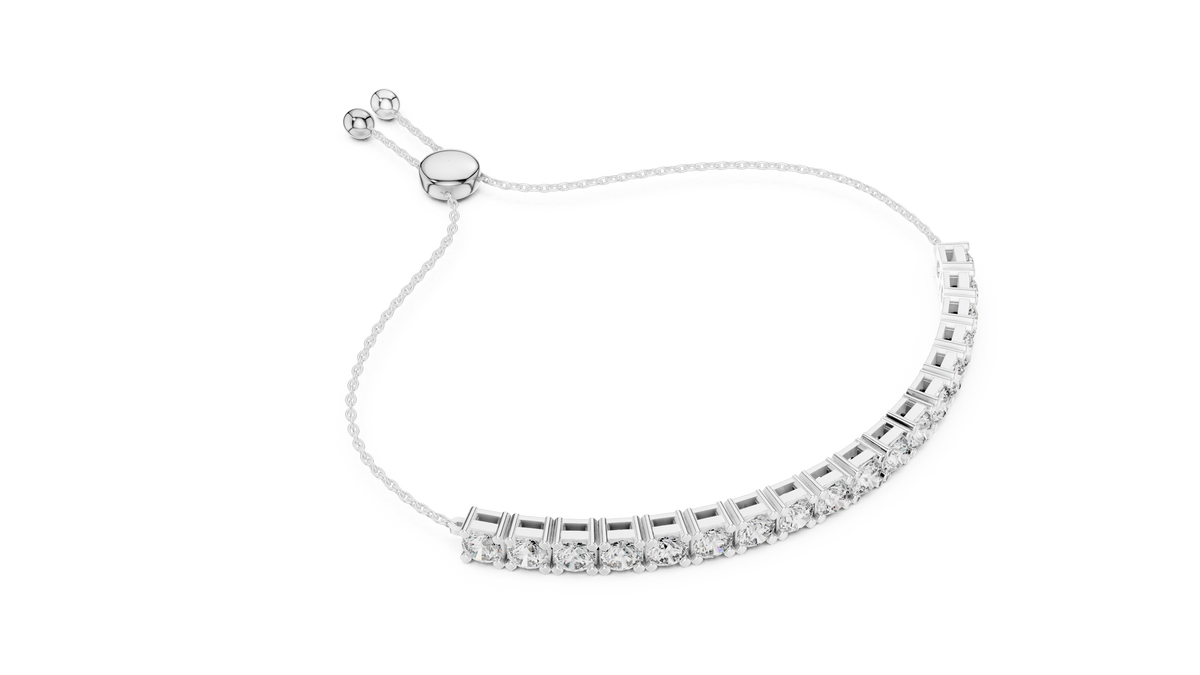 White gold adjustable lab grown diamond tennis bolo bracelet, side view