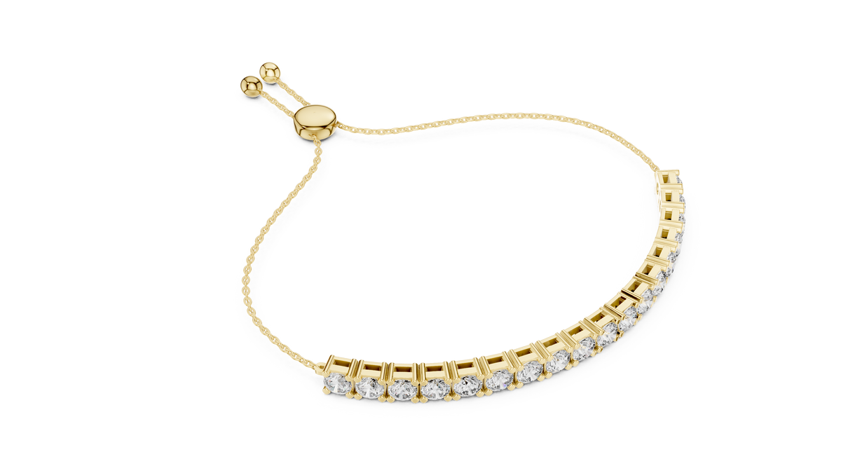 Yellow gold adjustable lab grown diamond tennis bolo bracelet, side view