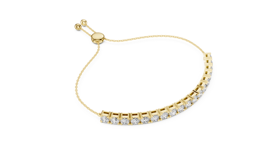 Yellow gold adjustable lab grown diamond tennis bolo bracelet, side view