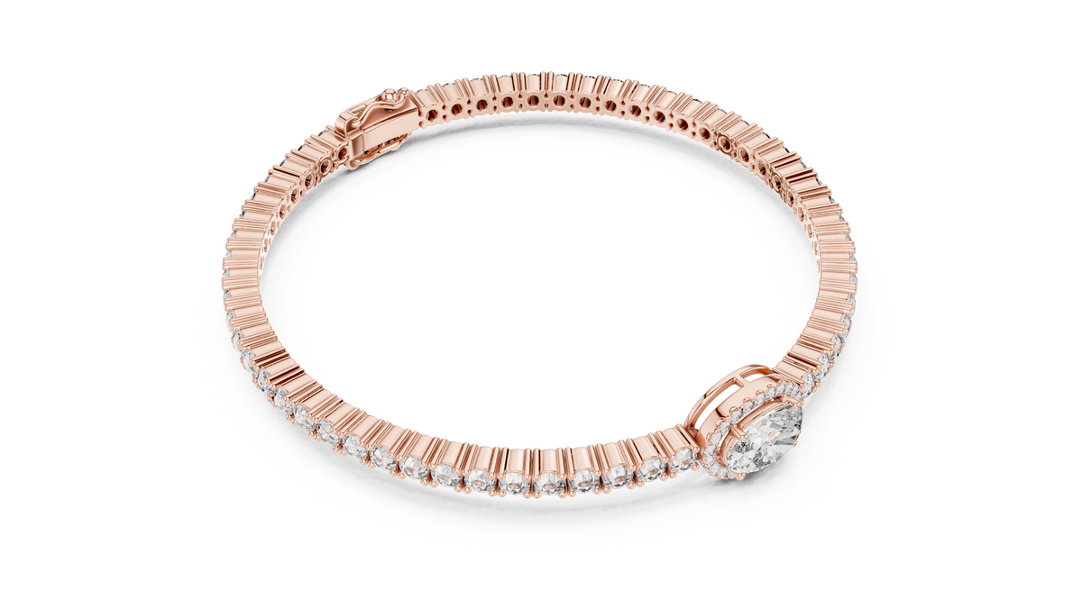 Rose gold oval halo lab grown diamond tennis bracelet, side view
