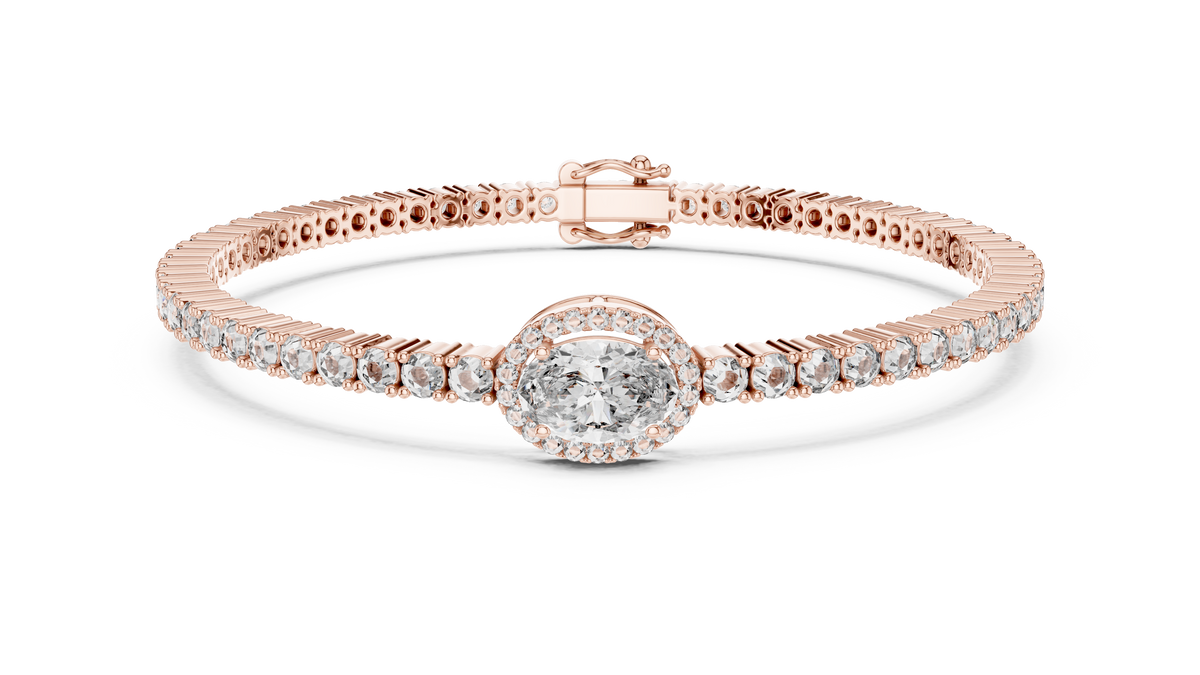 Rose gold 4.34 ct oval halo lab grown diamond tennis bracelet, front view
