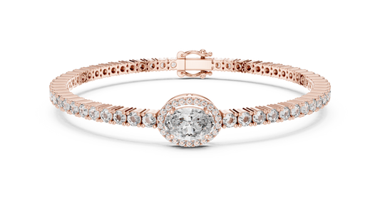 Rose gold 4.34 ct oval halo lab grown diamond tennis bracelet, front view