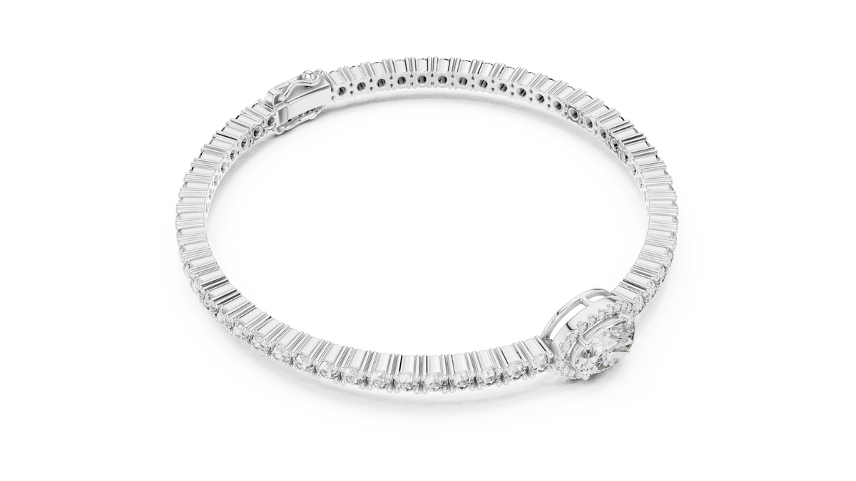 White gold oval halo lab grown diamond tennis bracelet, side view
