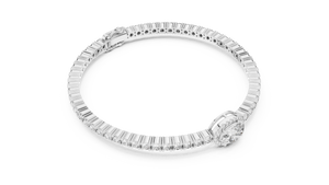 White gold oval halo lab grown diamond tennis bracelet, side view