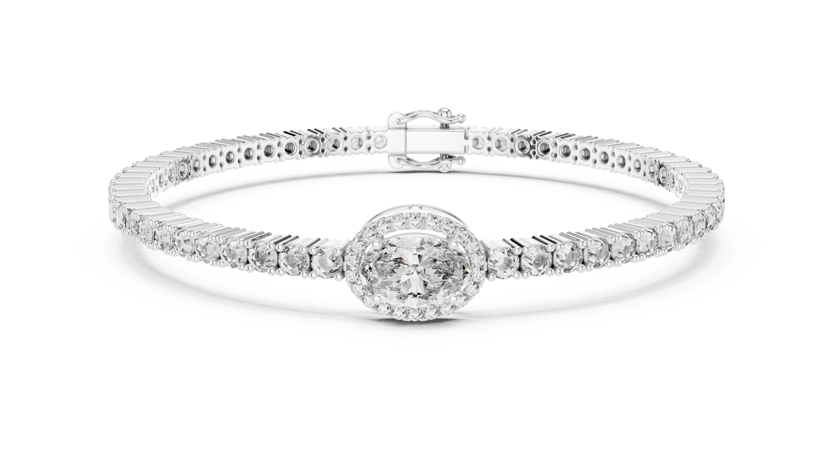 White gold 4.34 ct oval halo lab grown diamond tennis bracelet, front view