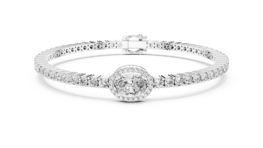 White gold 4.34 ct oval halo lab grown diamond tennis bracelet, front view