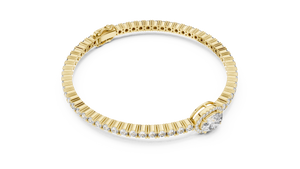 Yellow gold oval halo lab grown diamond tennis bracelet, side view