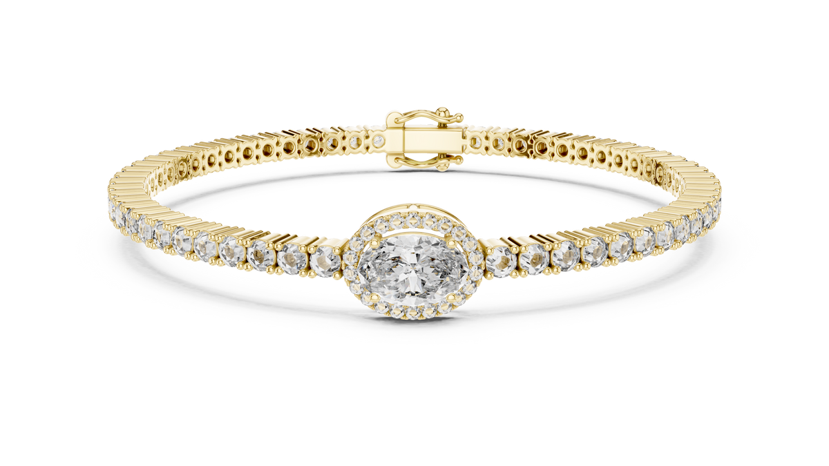 Yellow gold 4.34 ct oval halo lab grown diamond tennis bracelet, front view