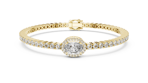 Yellow gold 4.34 ct oval halo lab grown diamond tennis bracelet, front view