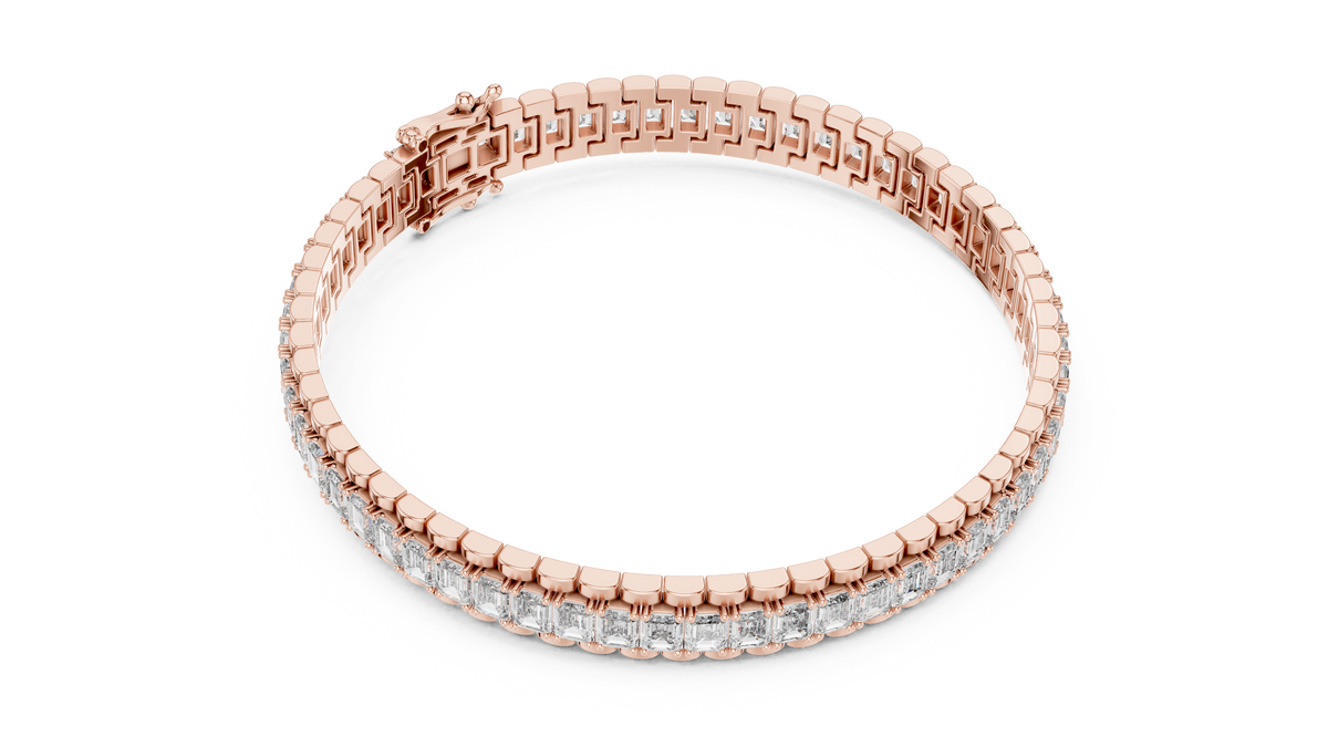 Rose gold emerald cut lab grown diamond tennis bracelet, side view