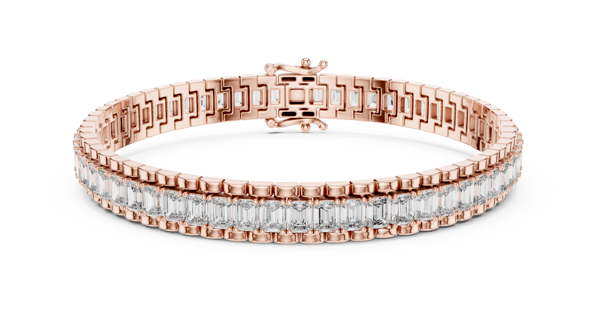 Rose gold 12 ct emerald cut lab grown diamond tennis bracelet, front view