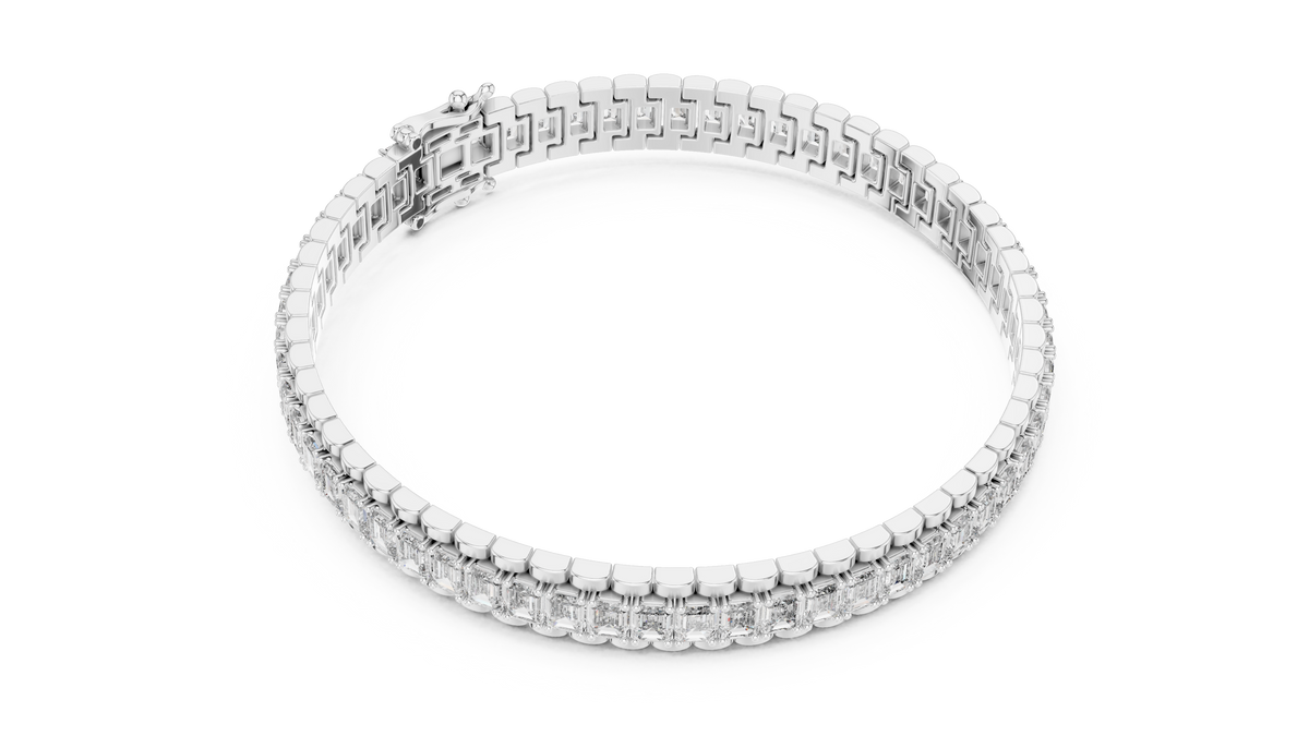 White gold emerald cut lab grown diamond tennis bracelet, side view