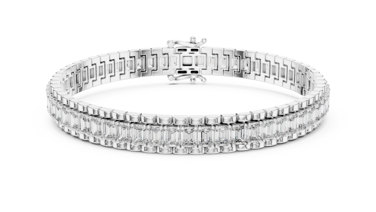 White gold 12 ct emerald cut lab grown diamond tennis bracelet, front view