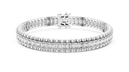 White gold 12 ct emerald cut lab grown diamond tennis bracelet, front view