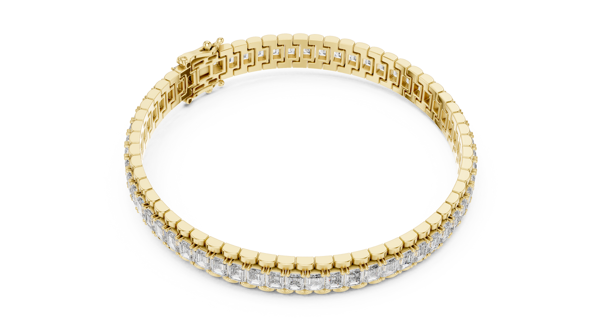 Yellow gold emerald cut lab grown diamond tennis bracelet, side view