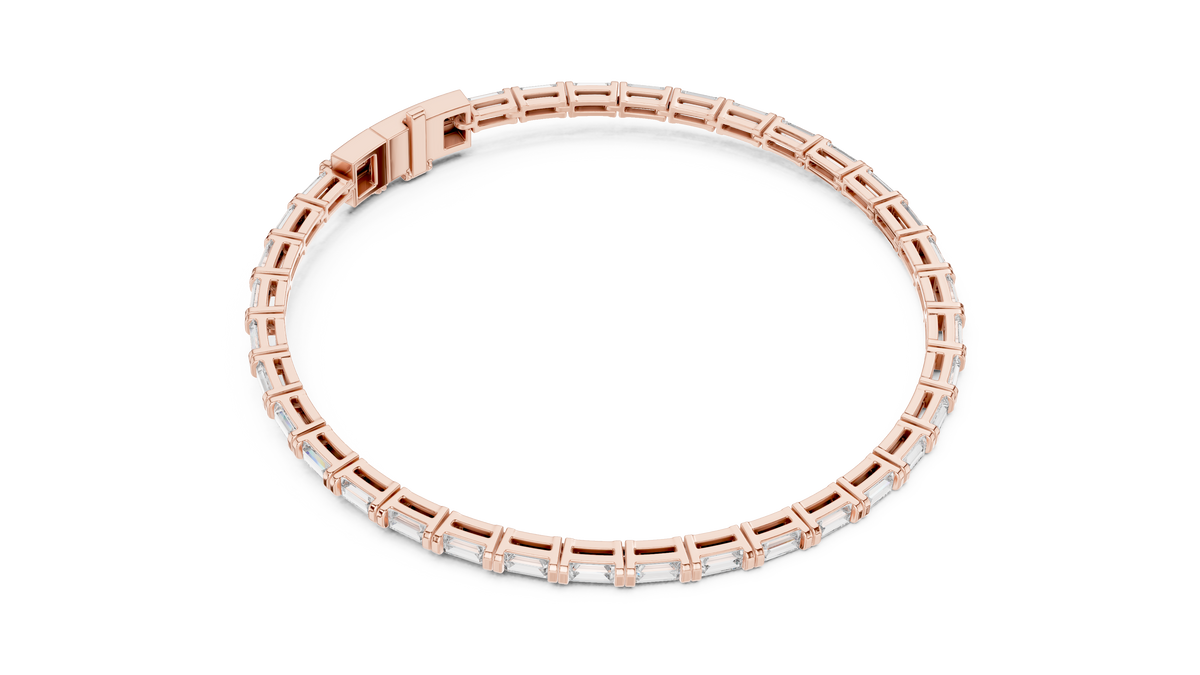 Rose gold baguette lab grown diamond tennis bracelet, side view