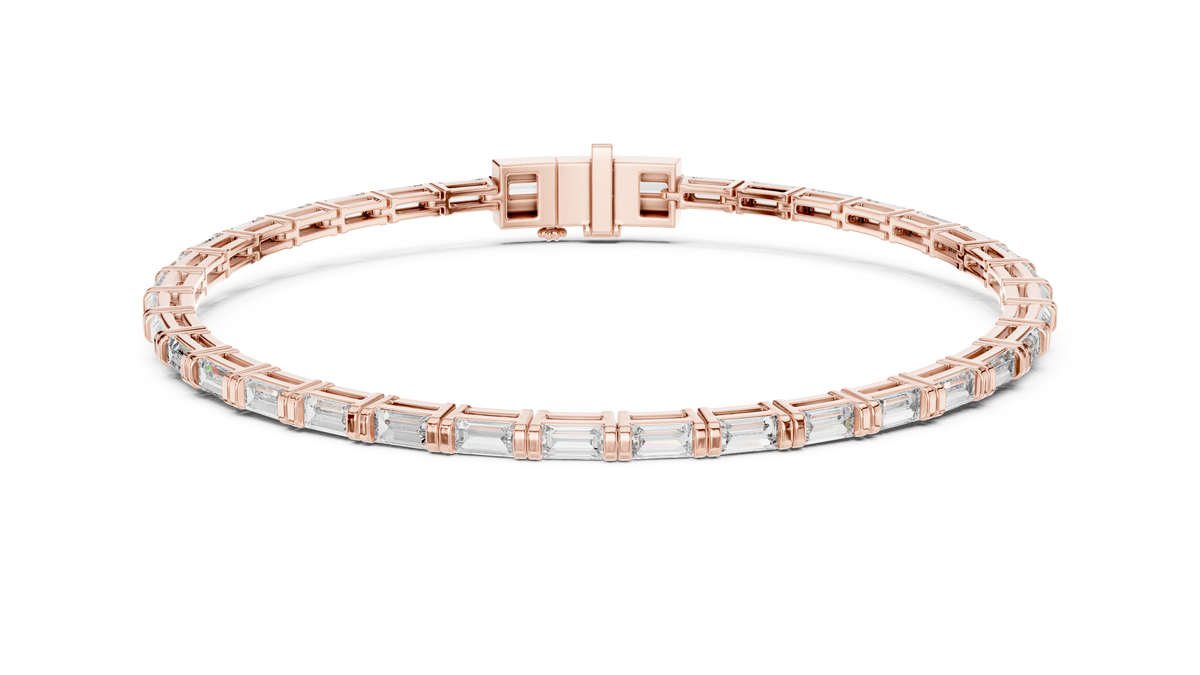 Rose gold 3.70 ct baguette lab grown diamond tennis bracelet, front view