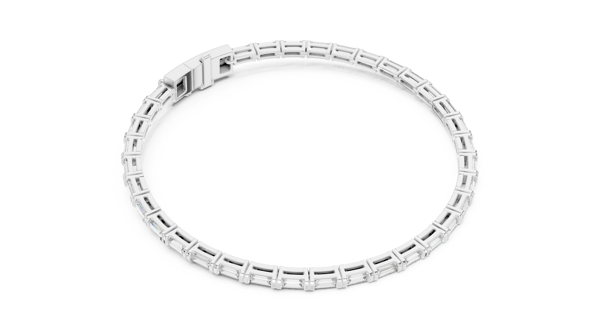 White gold baguette lab grown diamond tennis bracelet, side view