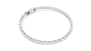 White gold baguette lab grown diamond tennis bracelet, side view