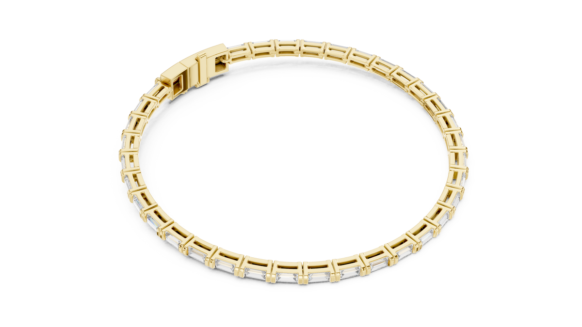 Yellow gold baguette lab grown diamond tennis bracelet, side view