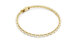 Yellow gold baguette lab grown diamond tennis bracelet, side view