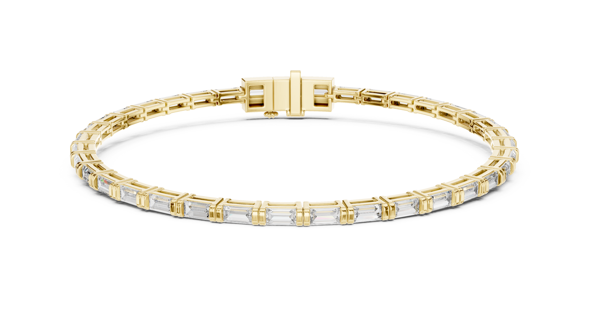 Yellow gold 3.70 ct baguette lab grown diamond tennis bracelet, front view