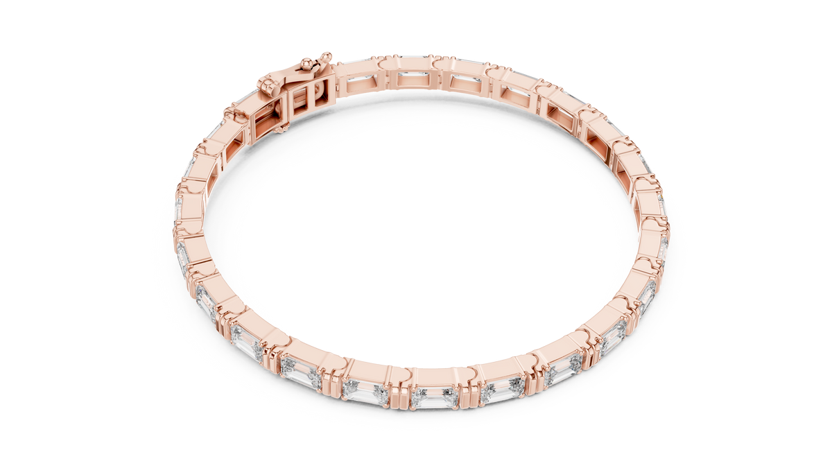 Rose gold east west emerald cut lab grown diamond tennis bracelet, side view