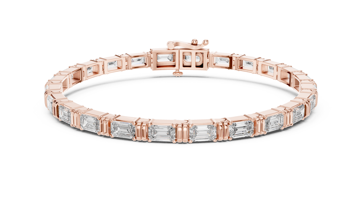 Rose gold 8.96 ct east west emerald cut lab grown diamond tennis bracelet, front view