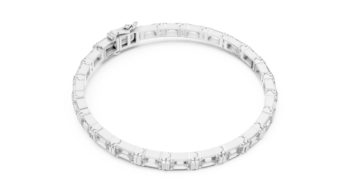 White gold east west emerald cut lab grown diamond tennis bracelet, side view