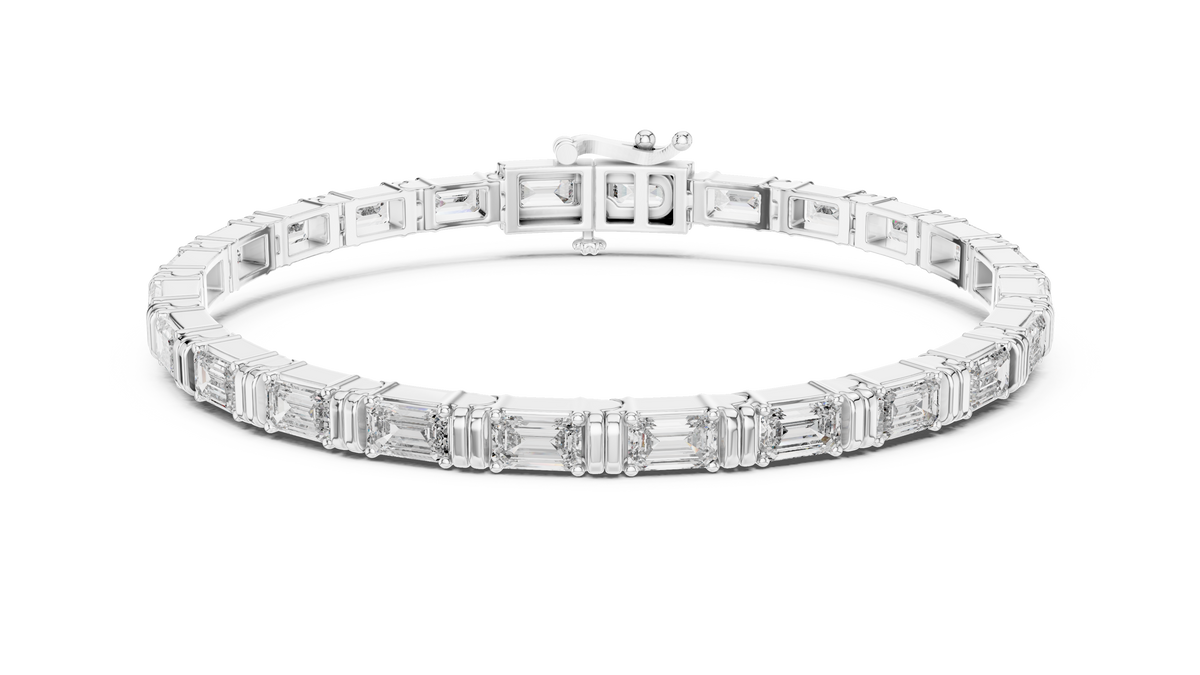 White gold 8.96 ct east west emerald cut lab grown diamond tennis bracelet, front view