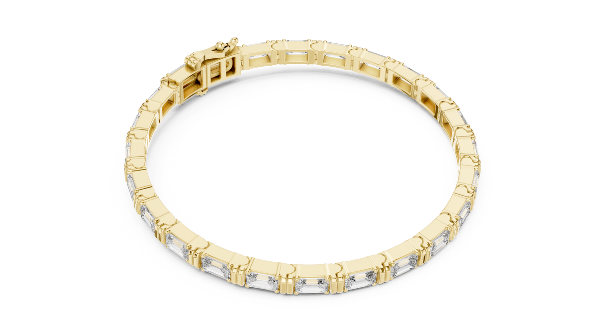 Yellow gold east west emerald cut lab grown diamond tennis bracelet, side view