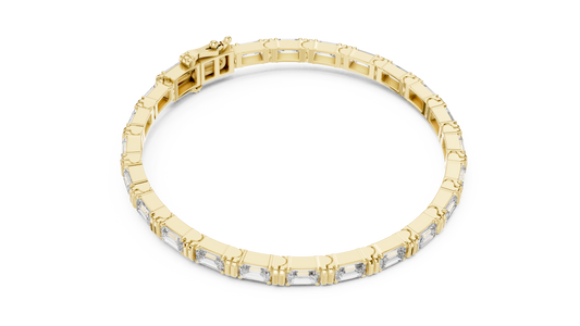 Yellow gold east west emerald cut lab grown diamond tennis bracelet, side view