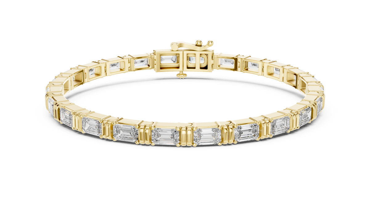Yellow gold 8.96 ct east west emerald cut lab grown diamond tennis bracelet, front view