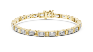 Yellow gold 8.96 ct east west emerald cut lab grown diamond tennis bracelet, front view